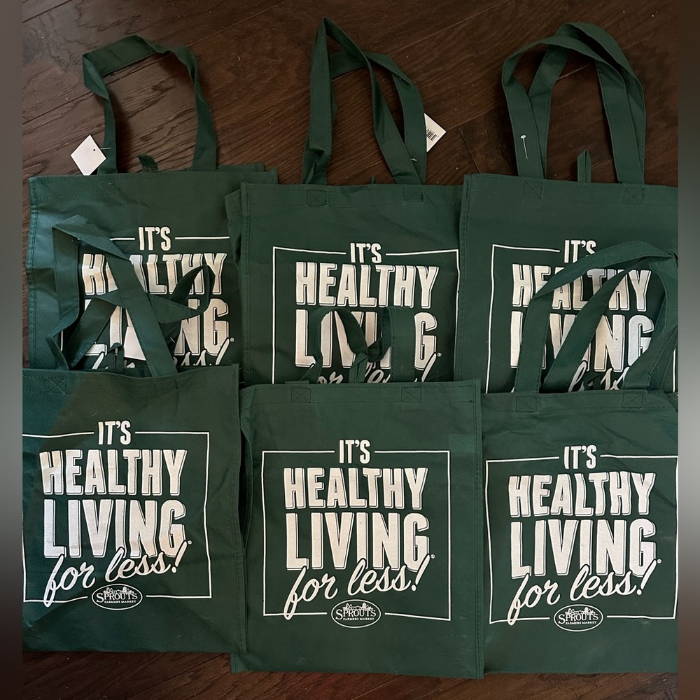 Green Reusable Sprouts Tote Bags Set of 6